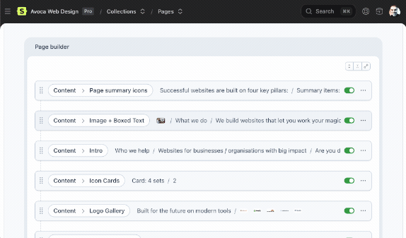 animation of moving blocks in the Statamic page builder.