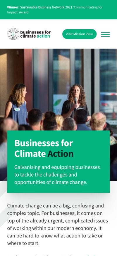 Business for climate action website snapshot